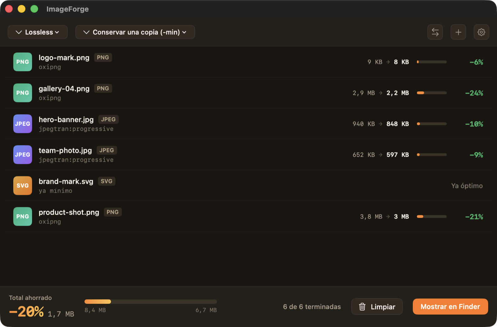 Ventana de resultados de ImageForge — archivos comprimidos con ahorro por fichero