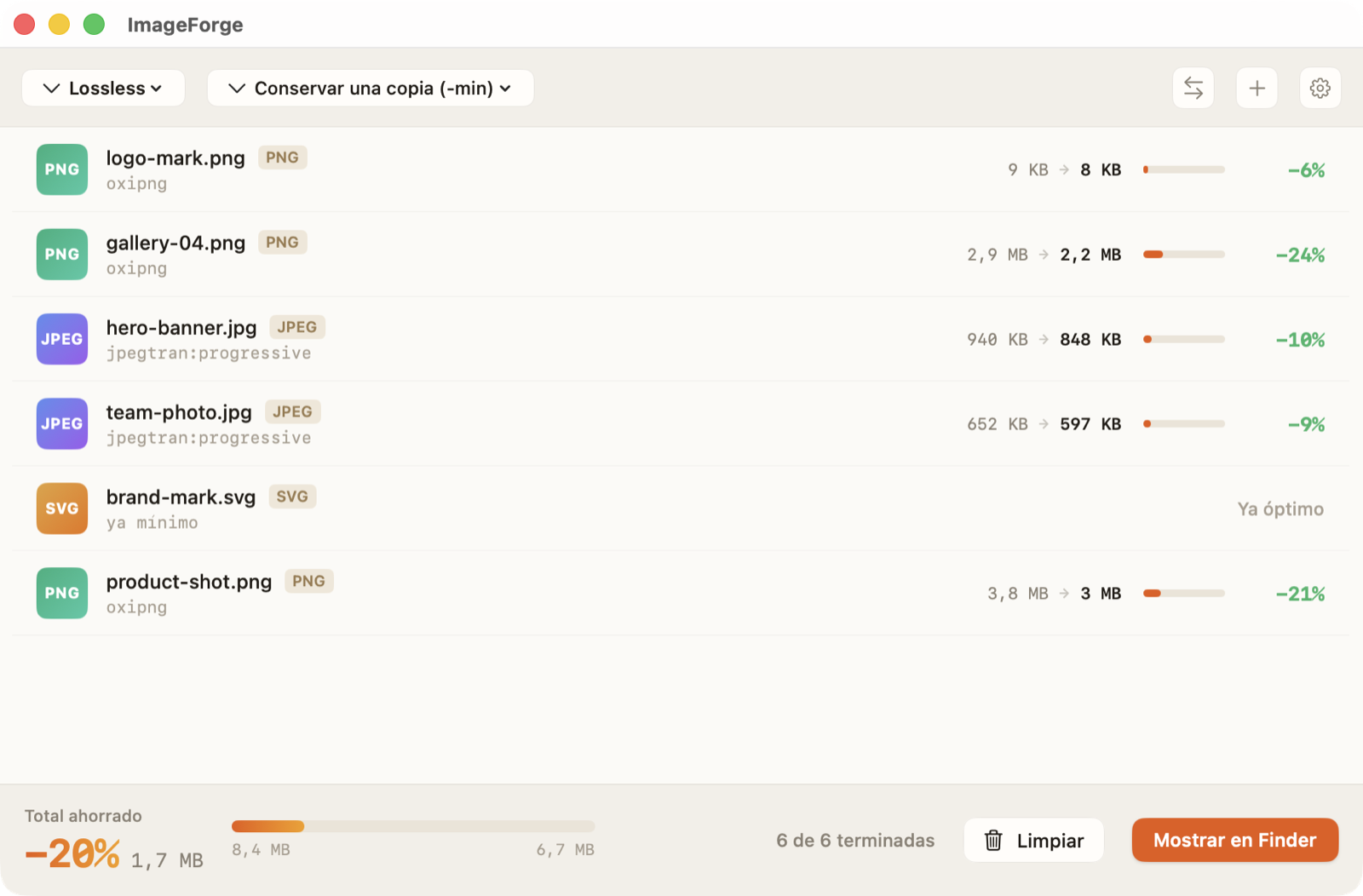 Ventana de resultados de ImageForge — archivos comprimidos con ahorro por fichero