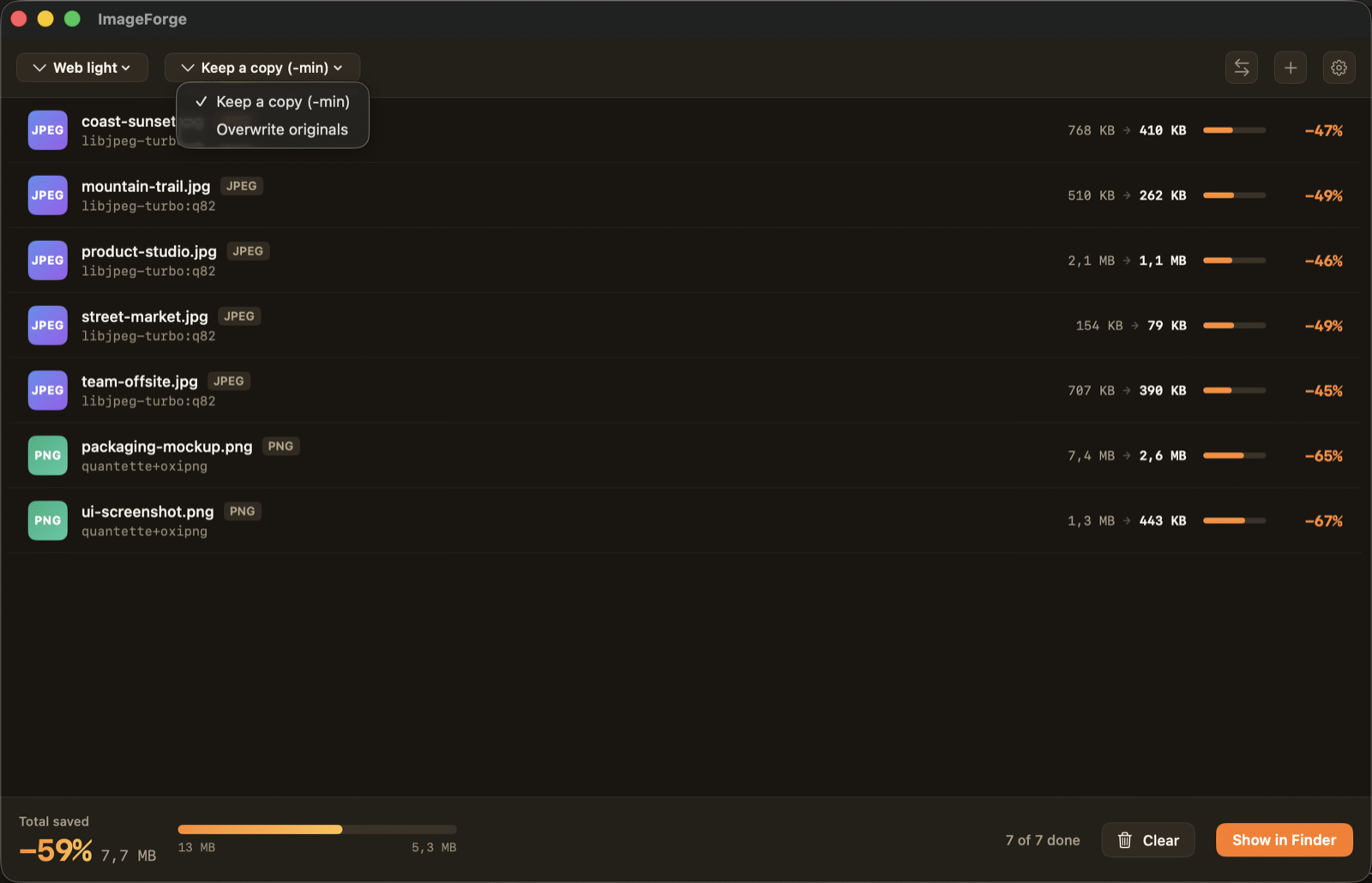 The output mode menu, showing Keep a copy and Overwrite originals